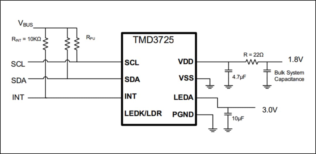 Application Circuit Diagram - ams OSRAM TMD3725 3-in-1 Color Sensor Module Application Circuit Diagram - ams OSRAM TMD3725 3-in-1 Color Sensor Module